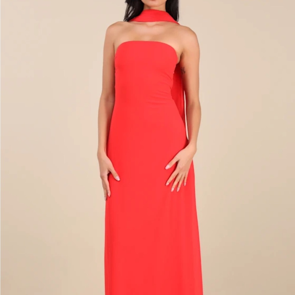 Lulus Rawya Red Orange Strapless Maxi Dress and Scarf Set